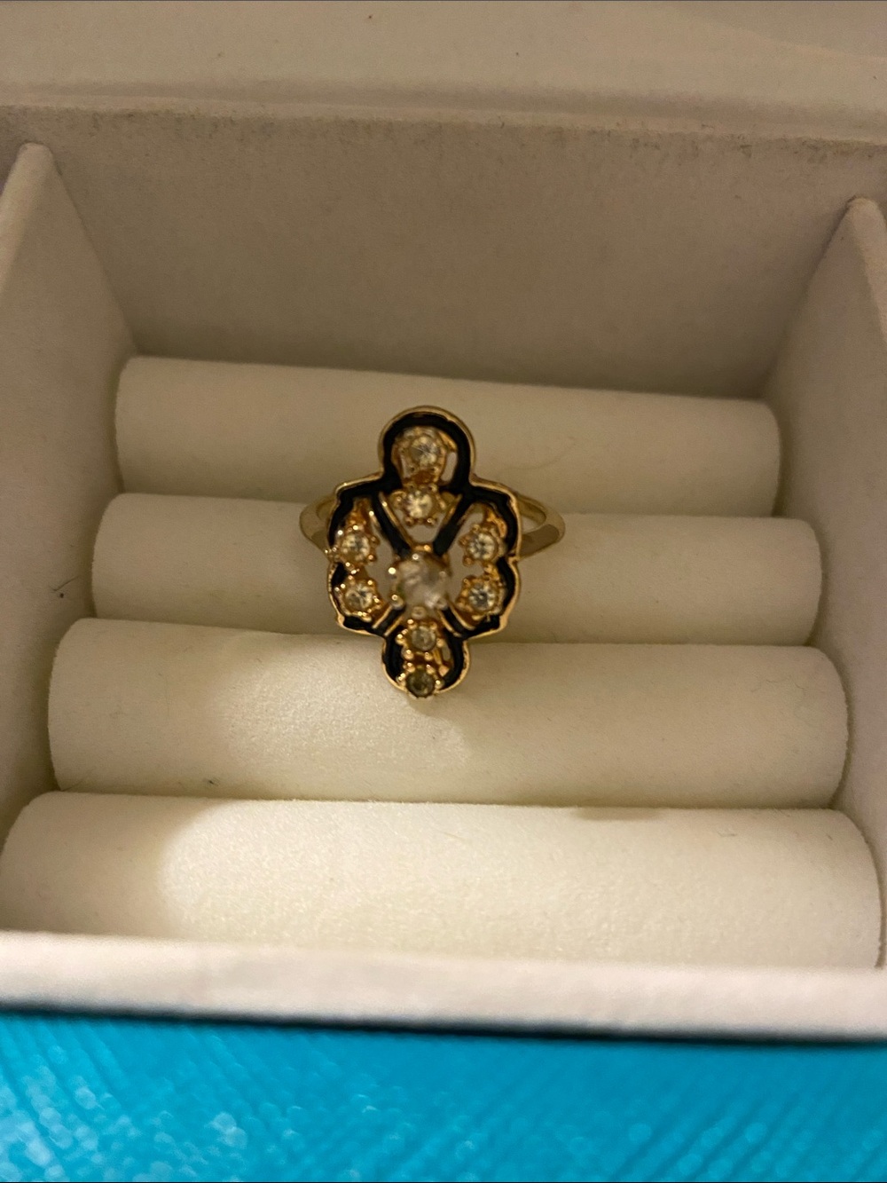 Vintage GoldTone Faux Diamond Cluster Ring with Delicate Black Accents Size 9.75